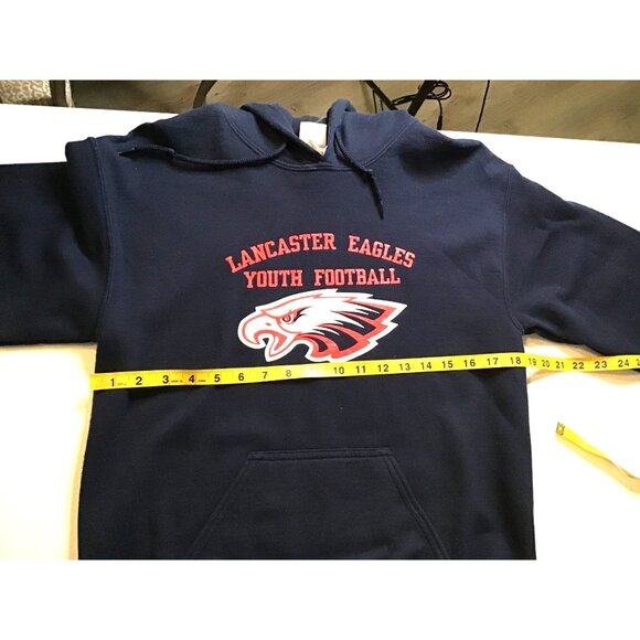 GILDAN- MENS BLUE FRONT & BACK GRAPHIC LONG SLEEVE PULLOVER HOODIE SIZE SMALL - Picture 5 of 6